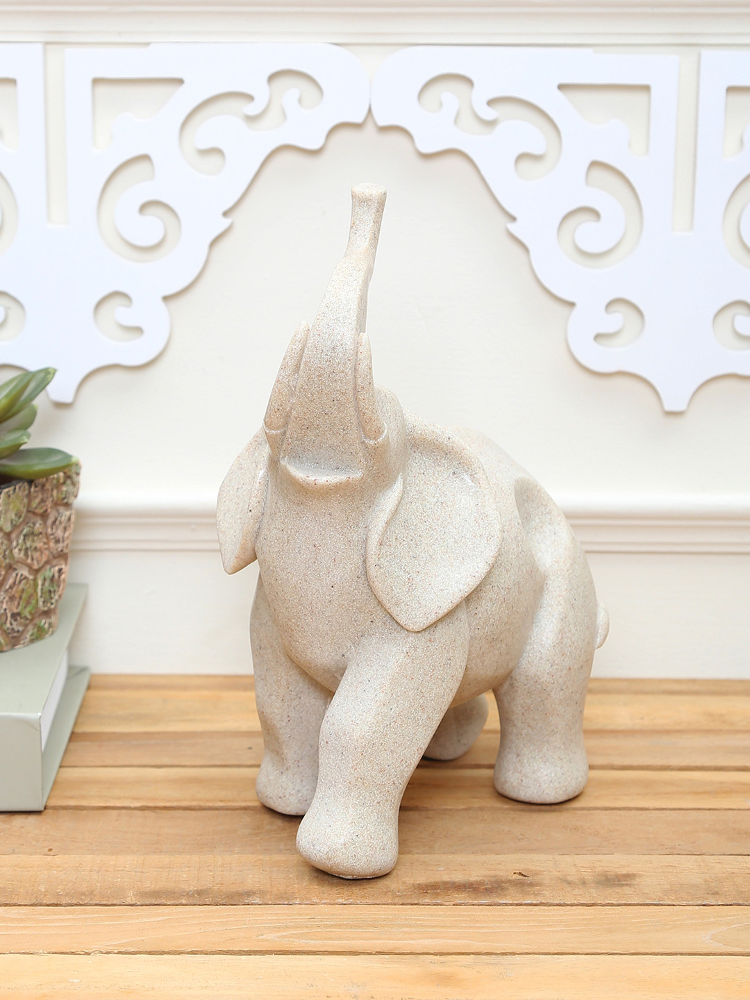 TAYHAA Breath-Taking Trumpeting Elephant Beige Resin Natural Living Room Medium Showpiece - 8.3 Inches