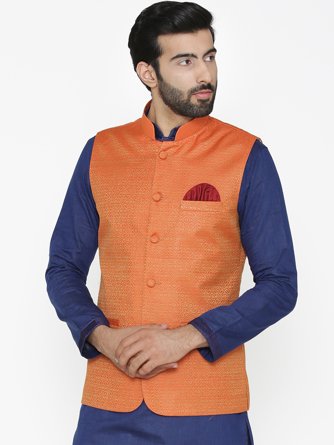 Wintage Men Orange Woven Design Nehru Jacket