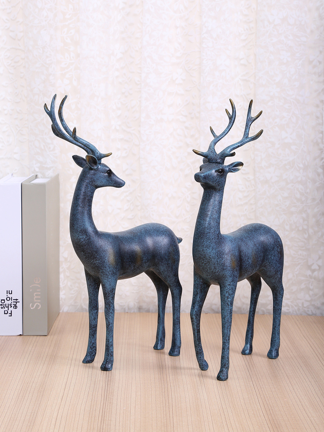 TAYHAA Reindeers Blue Resin Matte Living Room Set of 2 Medium Showpieces - 13.4 Inches