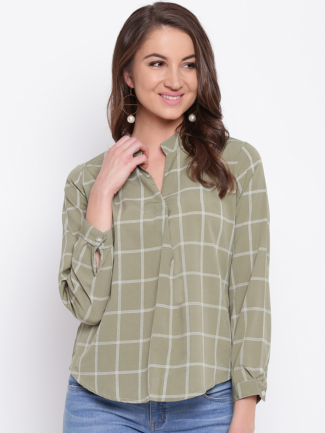 Mayra Women Olive Green Checked Shirt Style Top