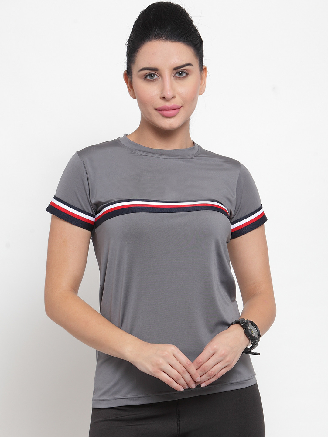 Boston Club Women Grey Striped Round Neck Gym T-shirt