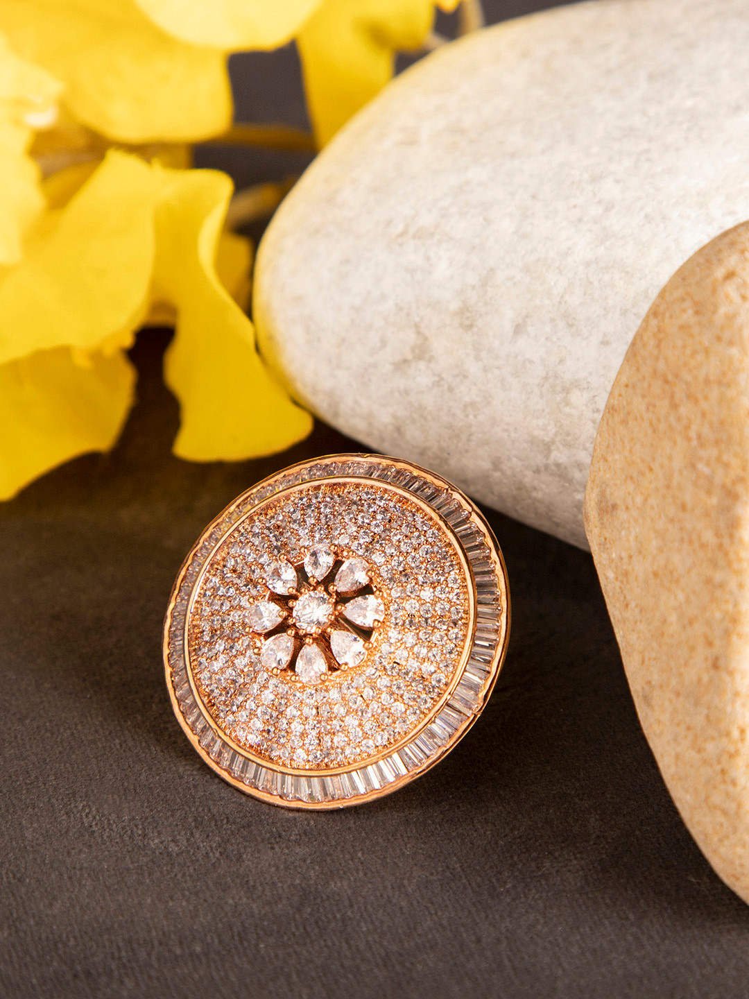 ANIKAS CREATIONS Women Rose Gold-Plated & White AD-Studded Handcrafted Adjustable Finger Ring