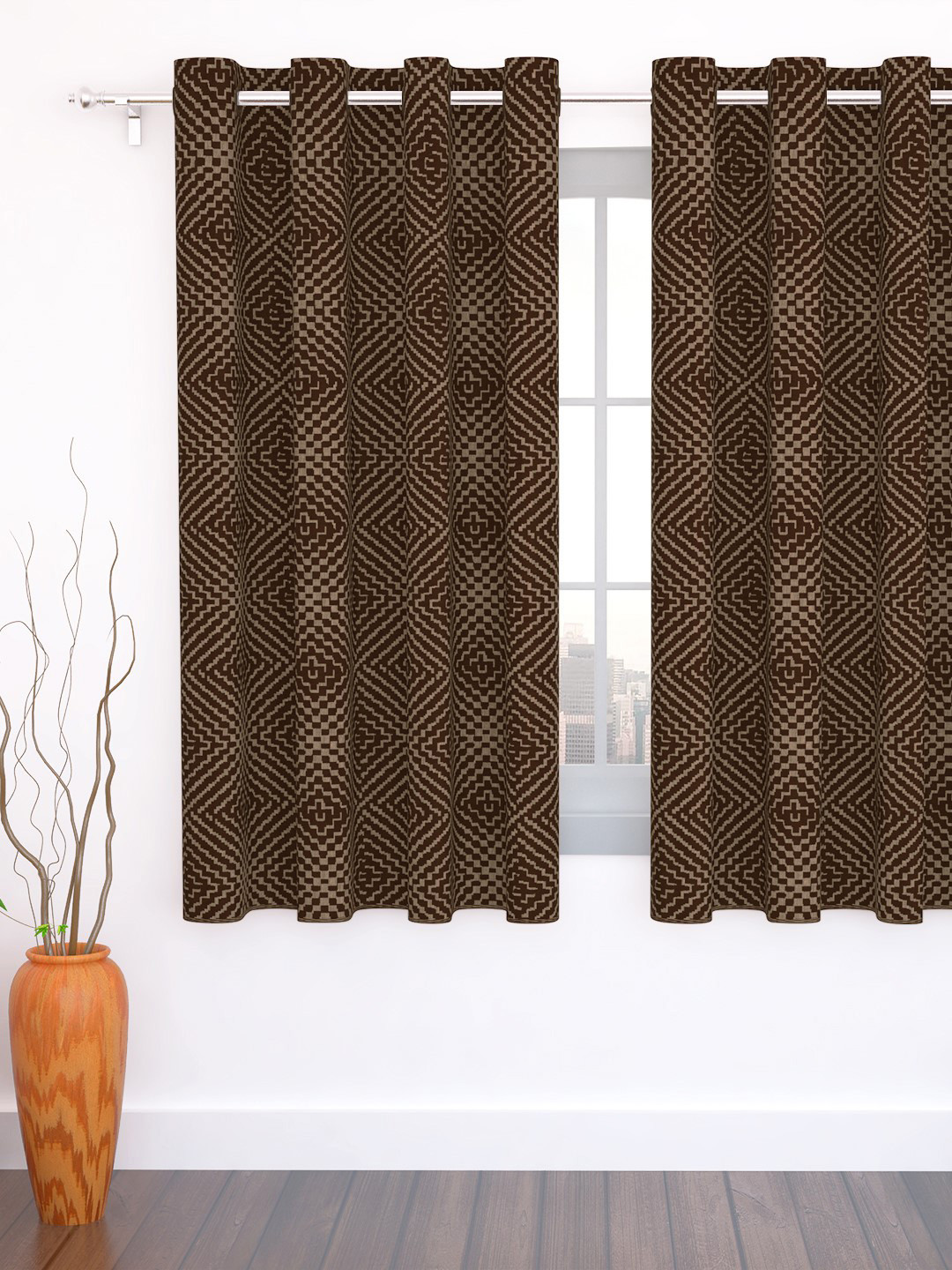 Story@home Brown Set of Single Jacquard Textured Window Curtains