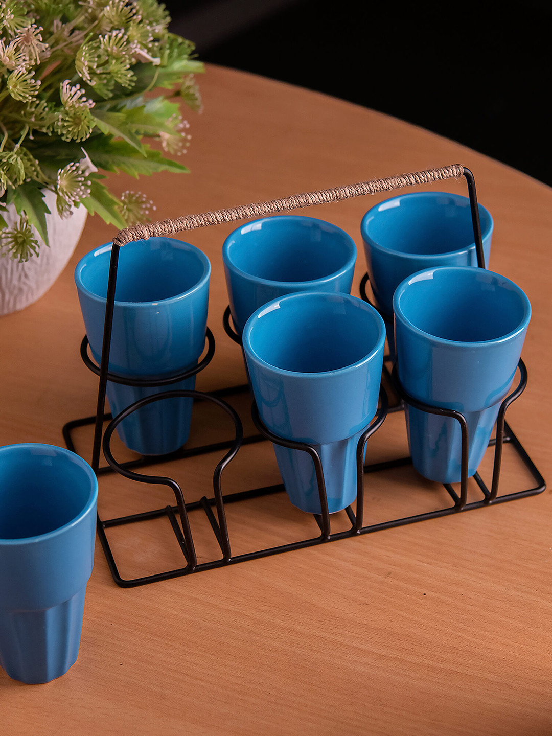 Homesake Set of 6 Blue Ceramic Chai Glasses With Stand
