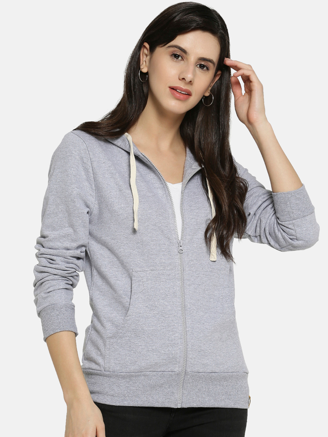PINACOLADA Women Grey Melange Solid Hooded Sweatshirt