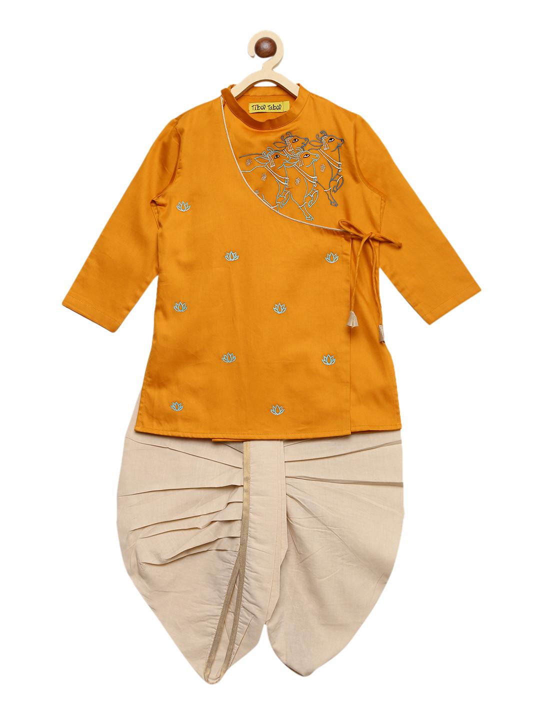Tiber Taber Boys Mustard & Cream-Coloured Embroidered Kurta with Dhoti Pants