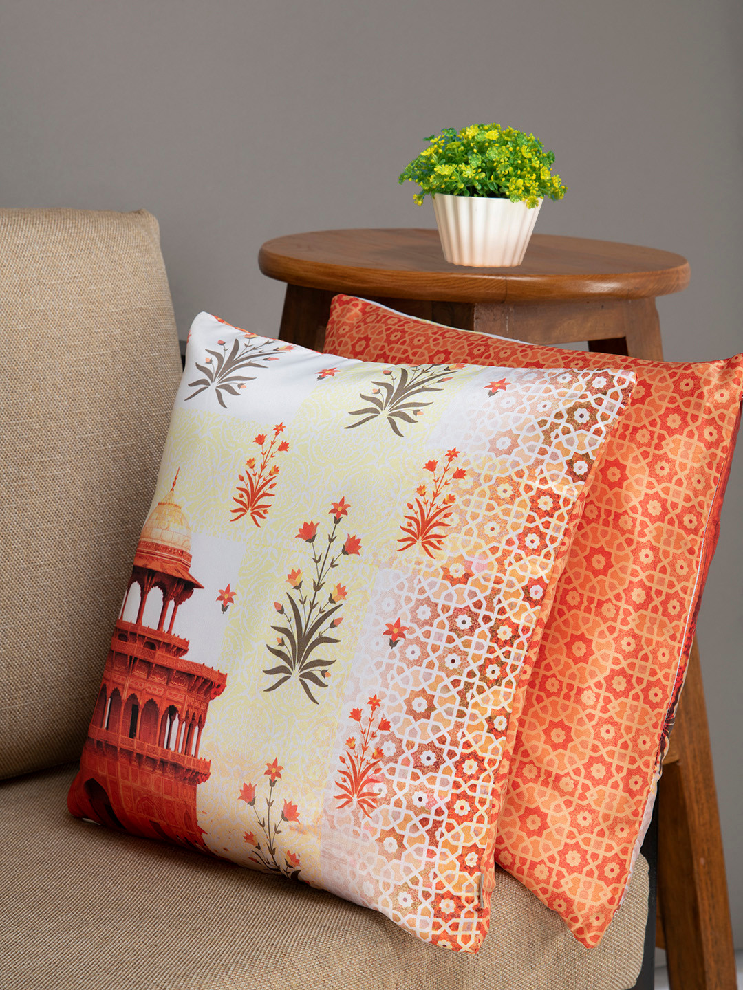 HOUZZCODE Beige Ethnic Motifs Polyester Washable 2 Piece Square Cushion Covers -16x16In