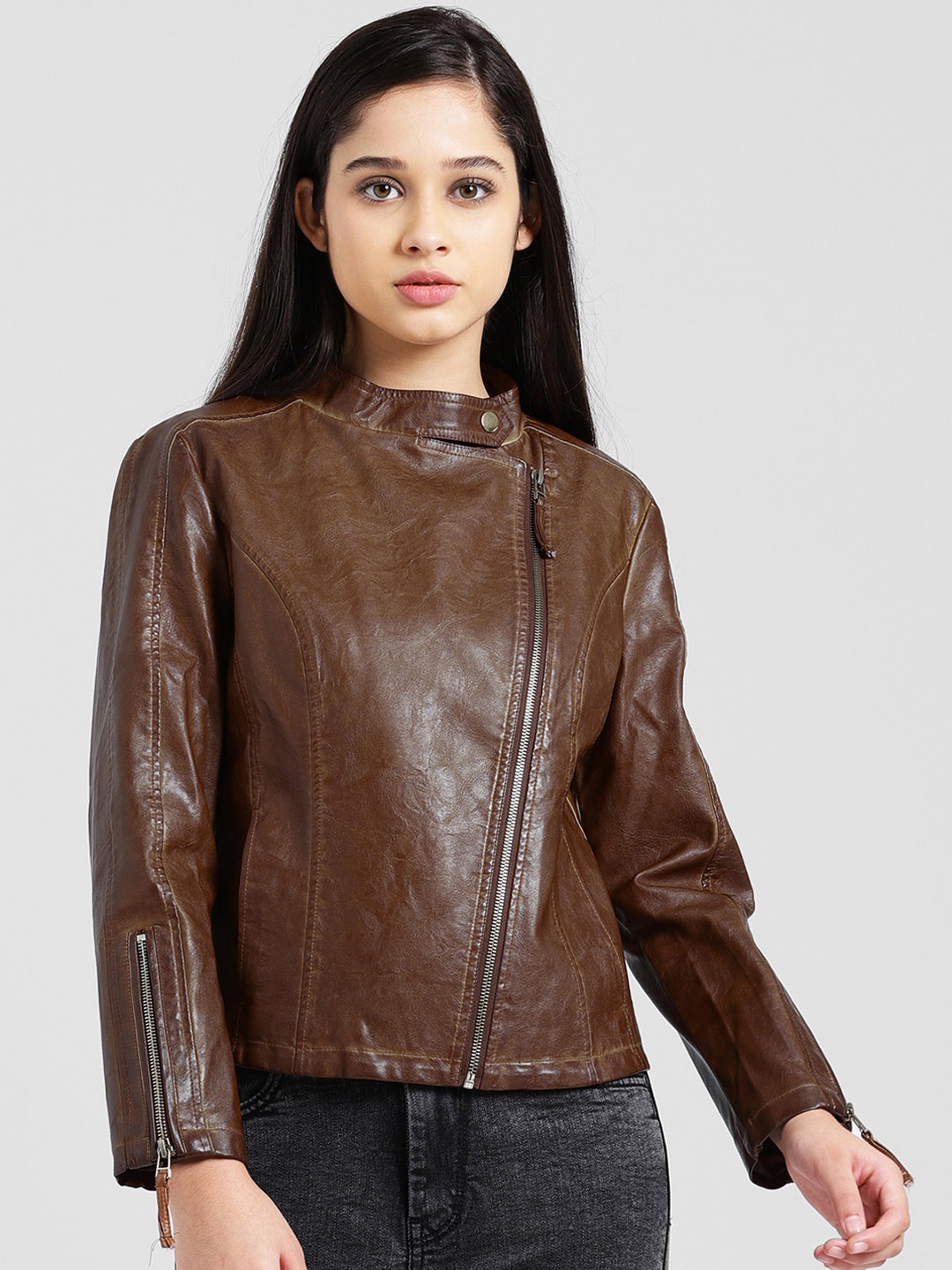Buy Zink London Women Brown Solid Biker Jacket Jackets for Women 10545992 Myntra