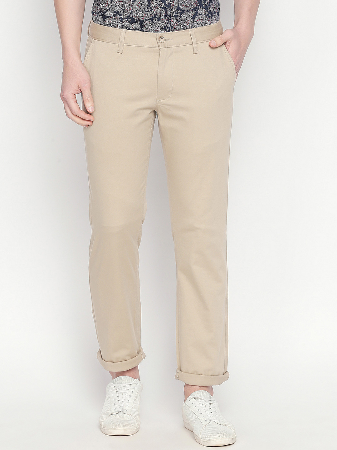 Basics Men Beige Tapered Fit Solid Regular Trousers