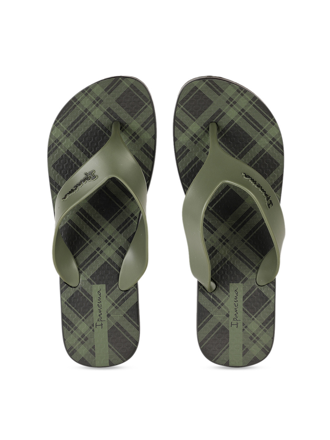 iPanema Men Olive Green & Black Checked Thong Flip-Flops