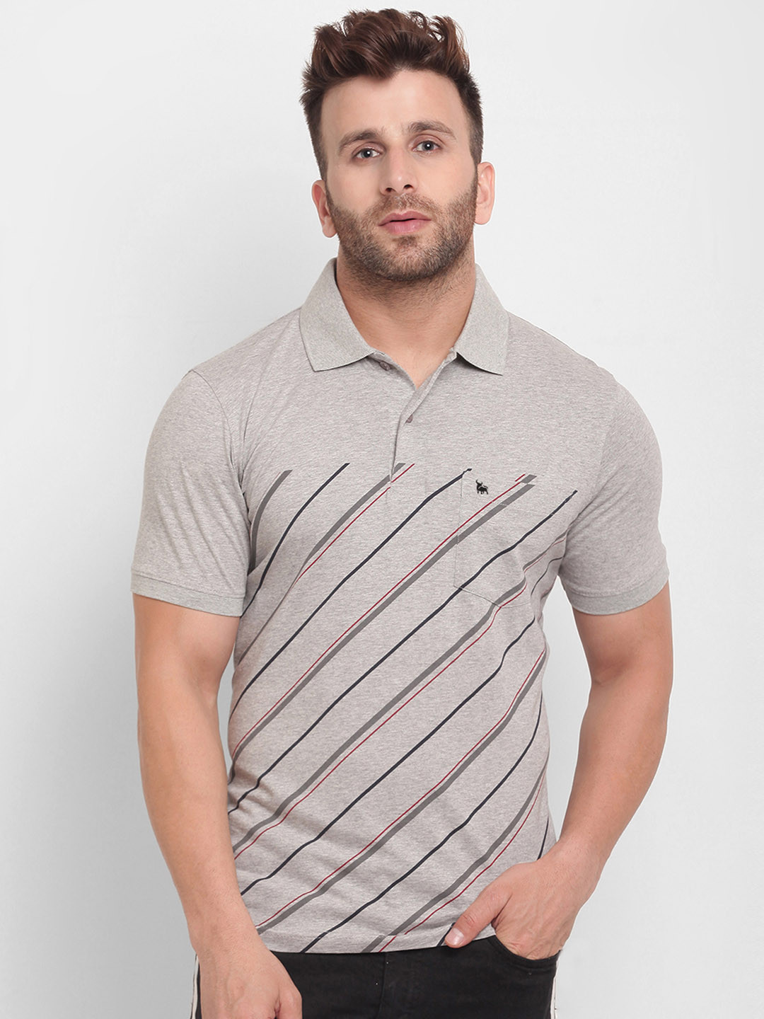 BULLMER Men Grey Striped Polo Collar T-shirt