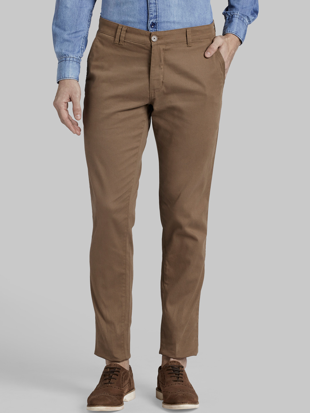 Parx Men Khaki Brown Tapered Fit Solid Regular Trousers