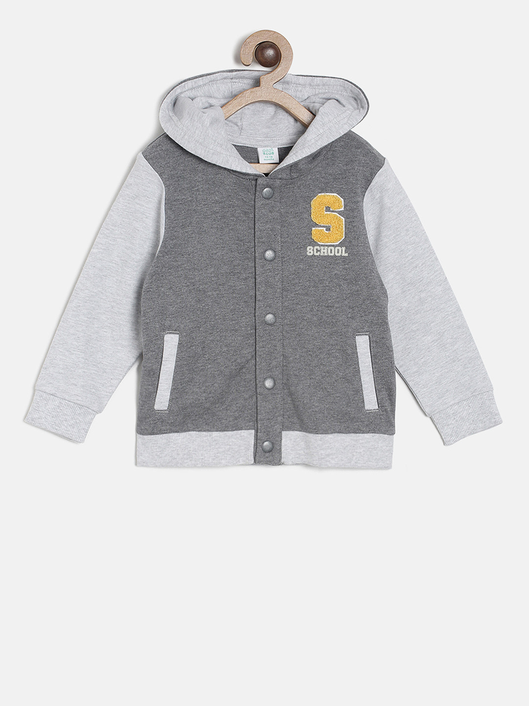 MINI KLUB Boys Grey Solid Hooded Sweatshirt