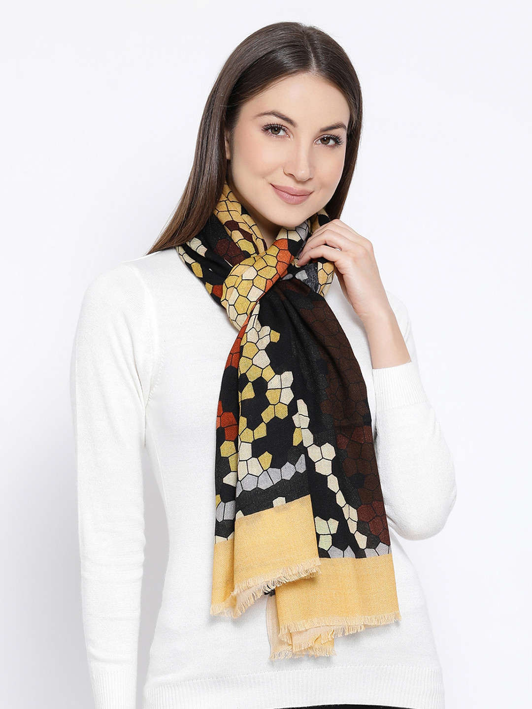 SHINGORA Women Black & Yellow Woven Design Stole