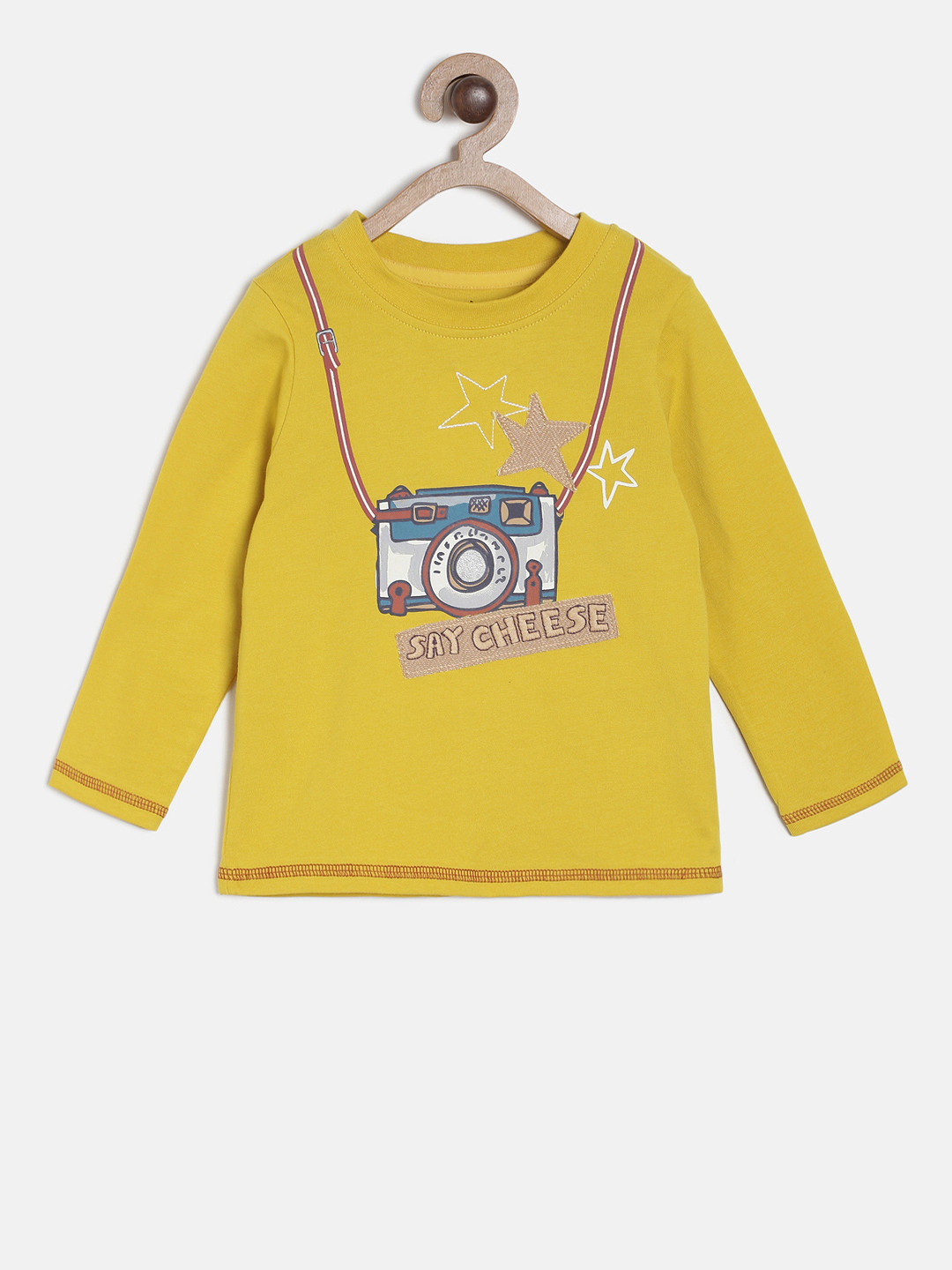 MINI KLUB Boys Yellow Printed Round Neck Pure Cotton T-shirt