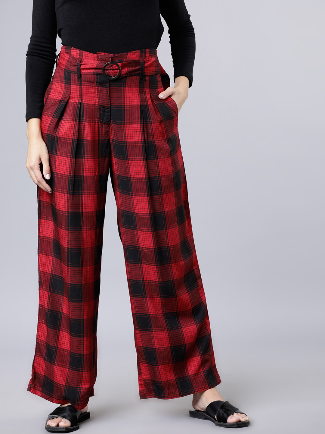 Tokyo Talkies Women Red & Black Regular Fit Checked Parallel Trousers
