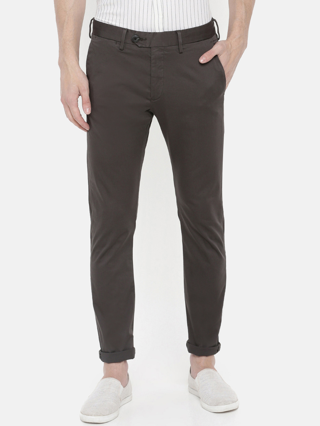 Celio Men Taupe Slim Fit Solid Regular Trousers