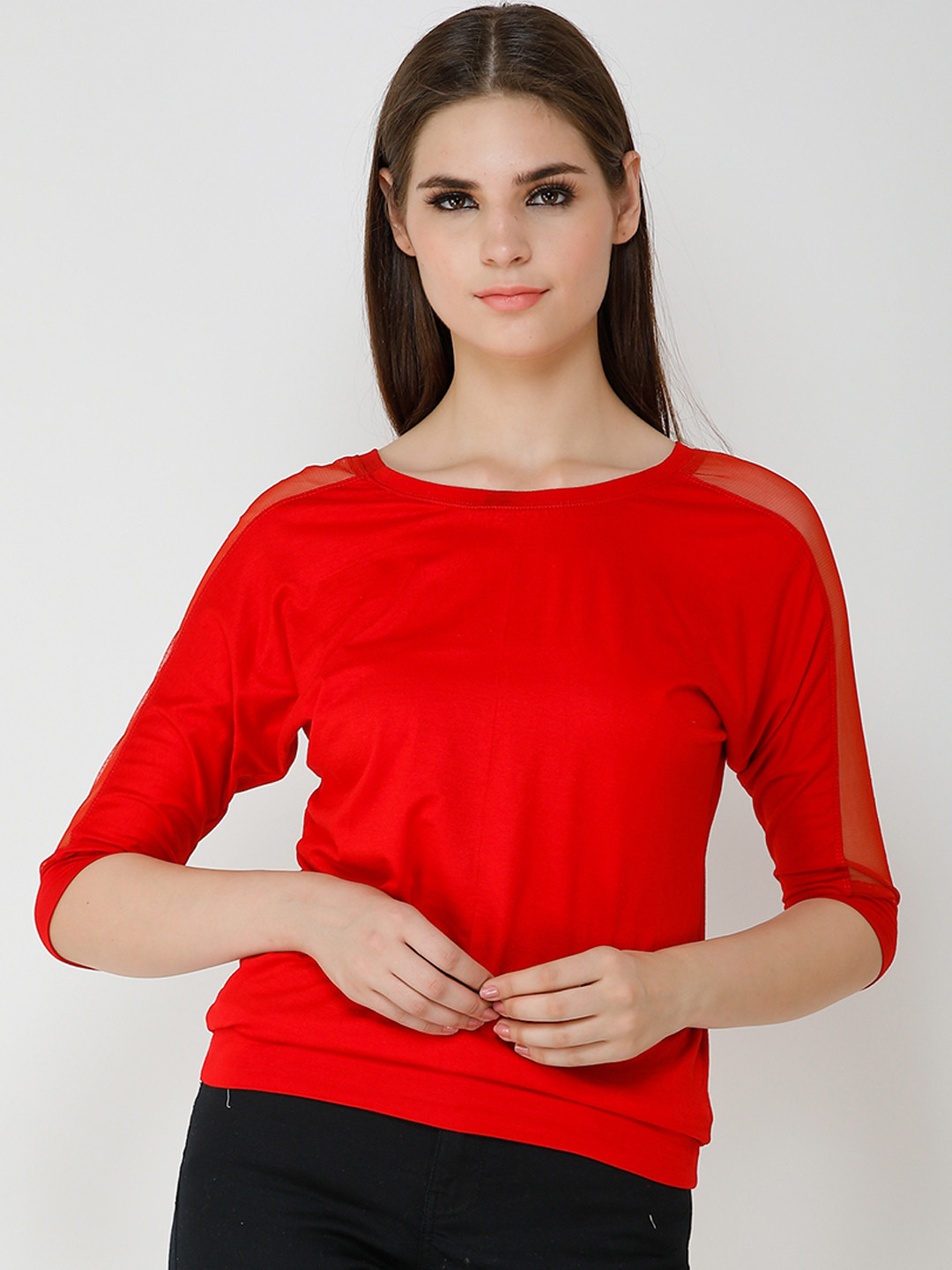 Cation Women Red Solid Pure Cotton Top