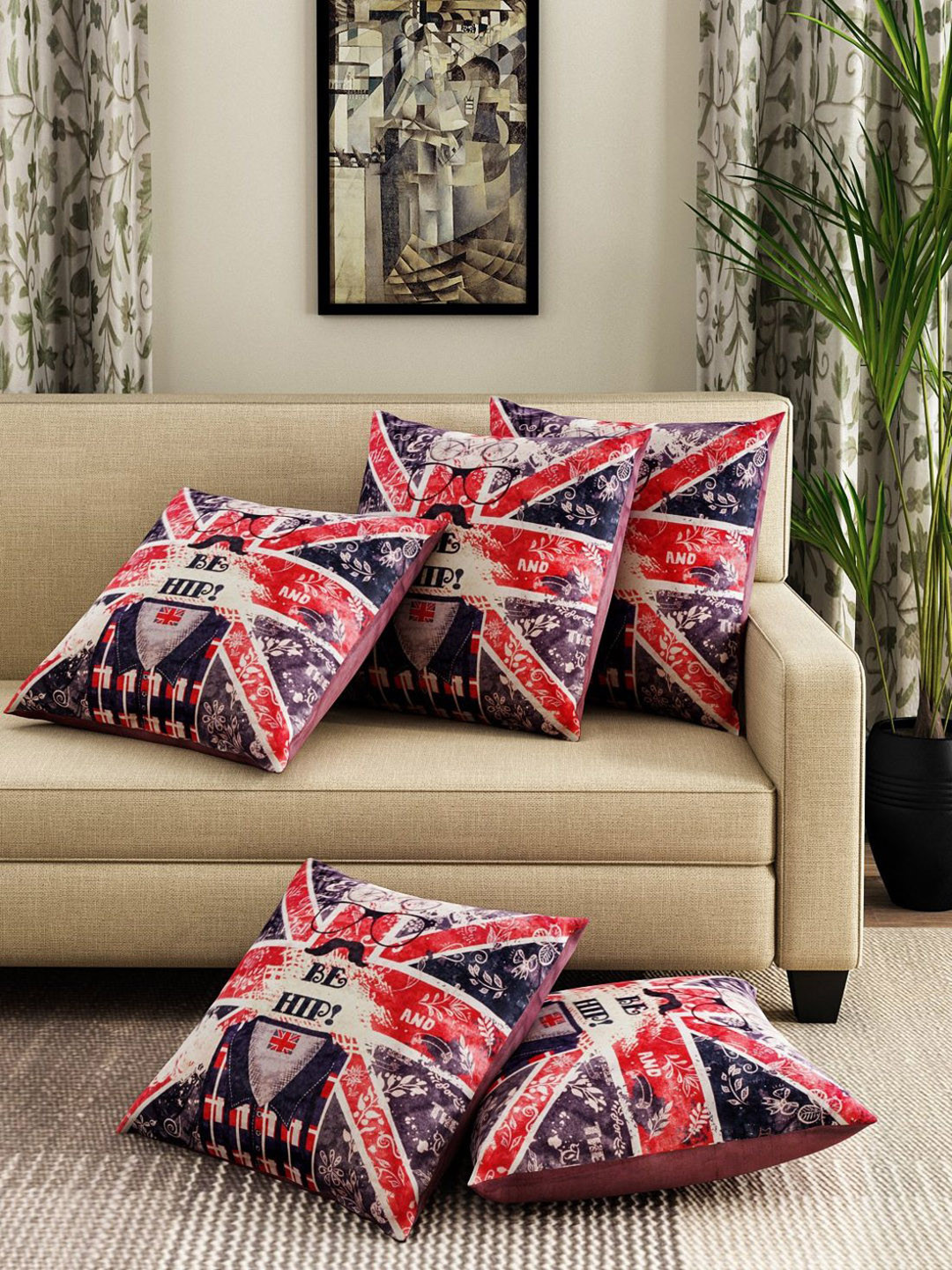 ROMEE Navy Blue & Red Set of 5 Abstract Square Cushion Covers