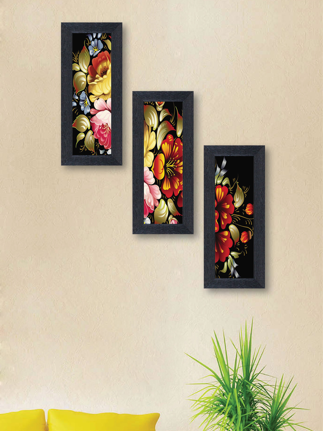 nest ART Set of 3 Multicoloured Flowers Synthetic Wood Wall Art