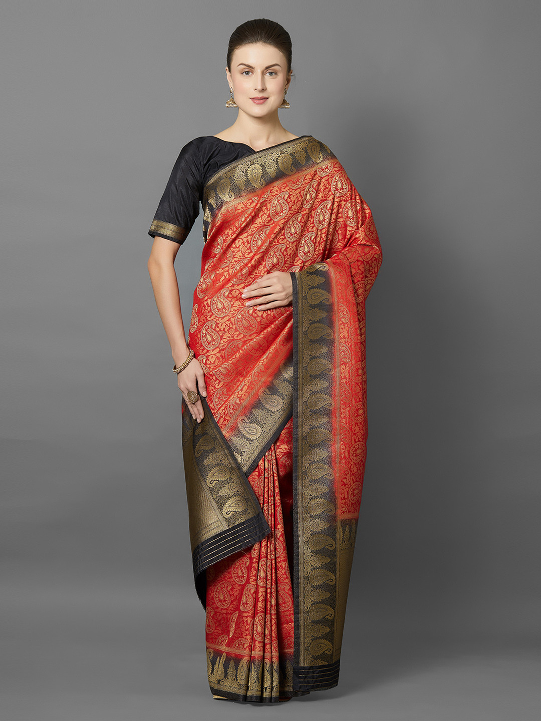 Mitera Red & Black Silk Blend Woven Design Banarasi Saree