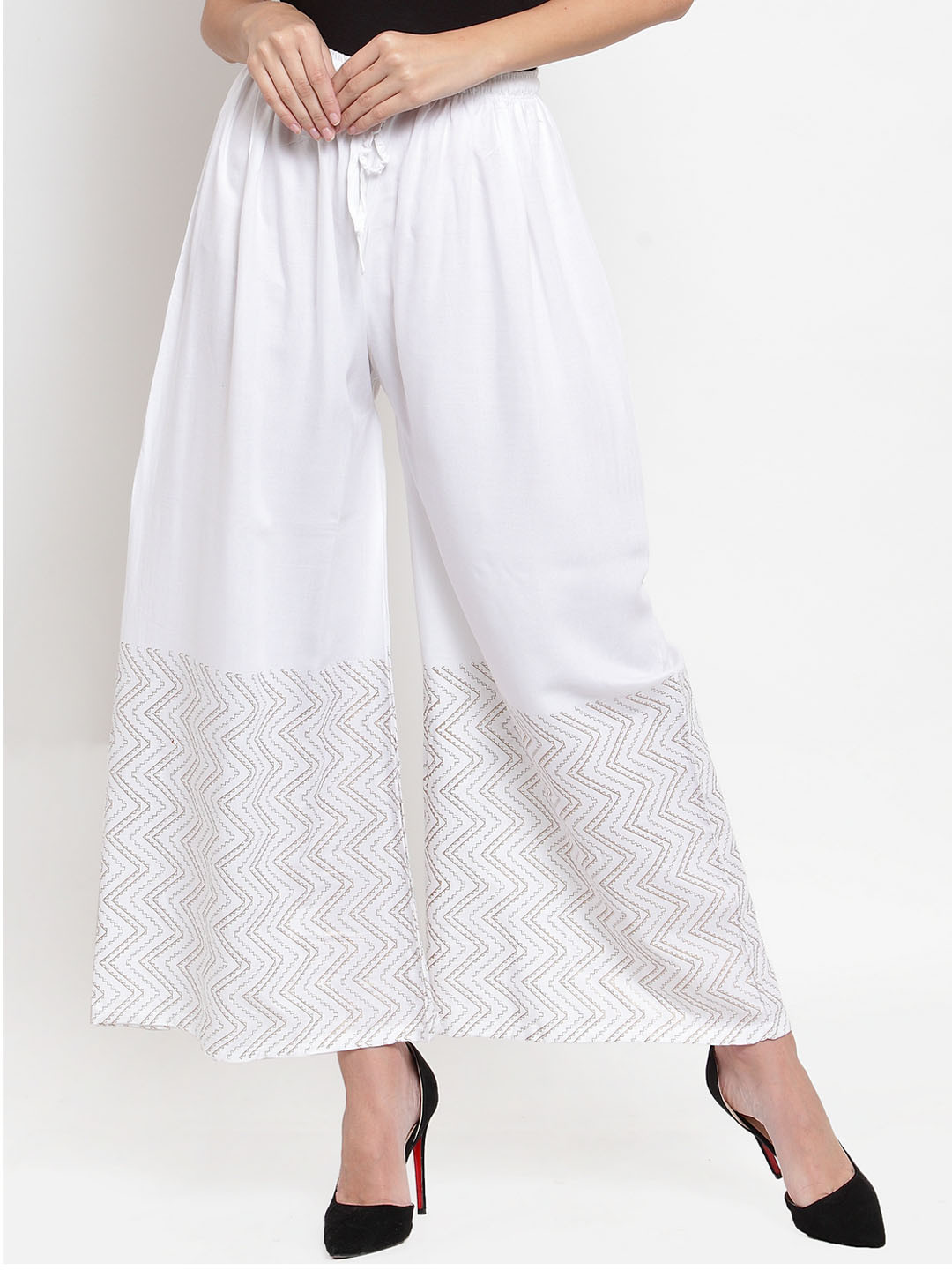 Clora Creation Women White Printed Wide Leg Palazzos