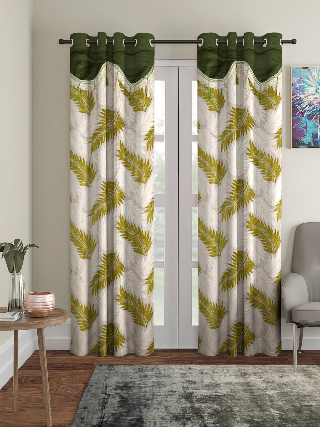 Cortina Green & Off-White Set of 2 Printed Long Door Curtains