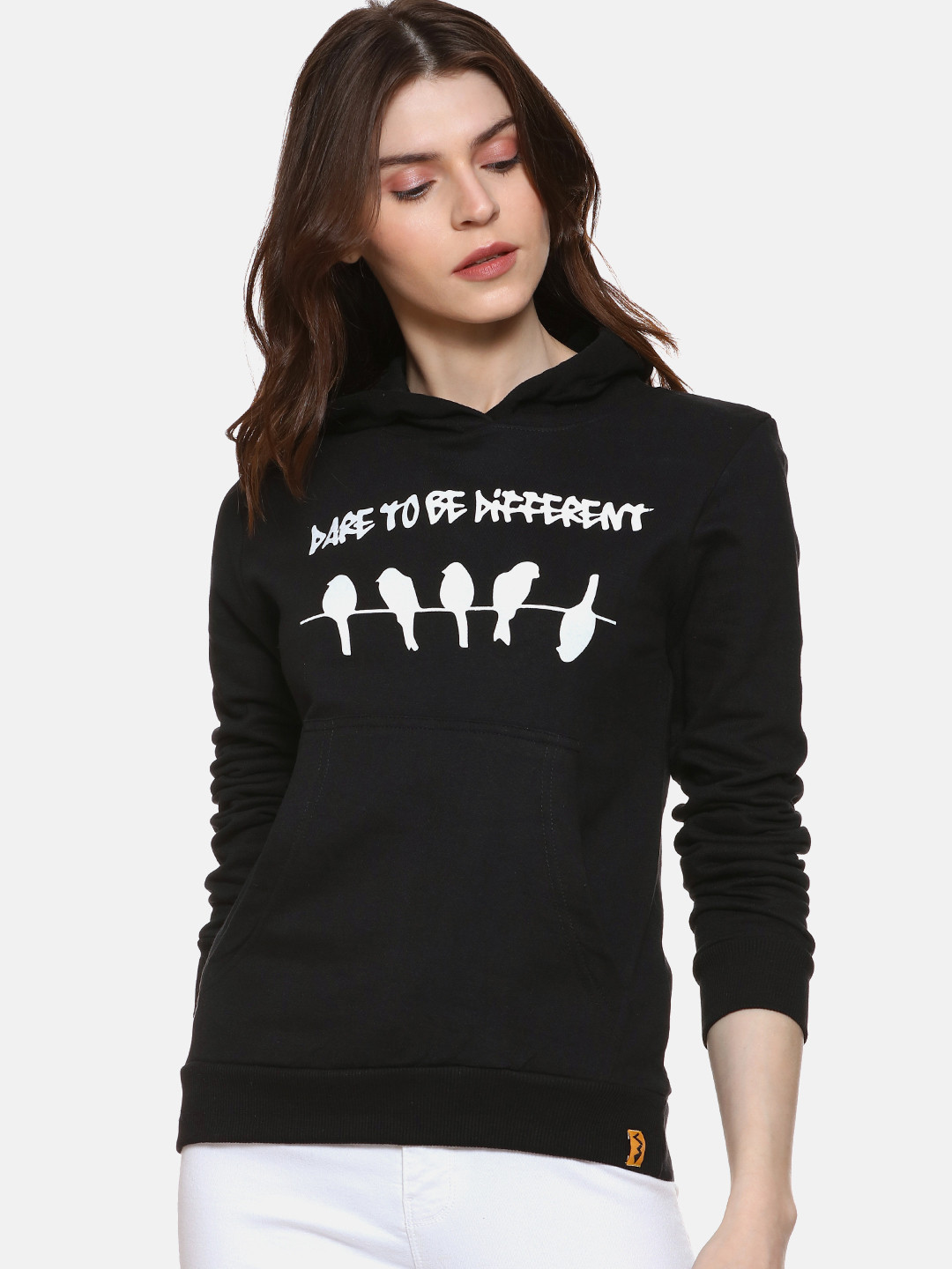 Campus Sutra Women Black Printed Hooded Sweatshirt