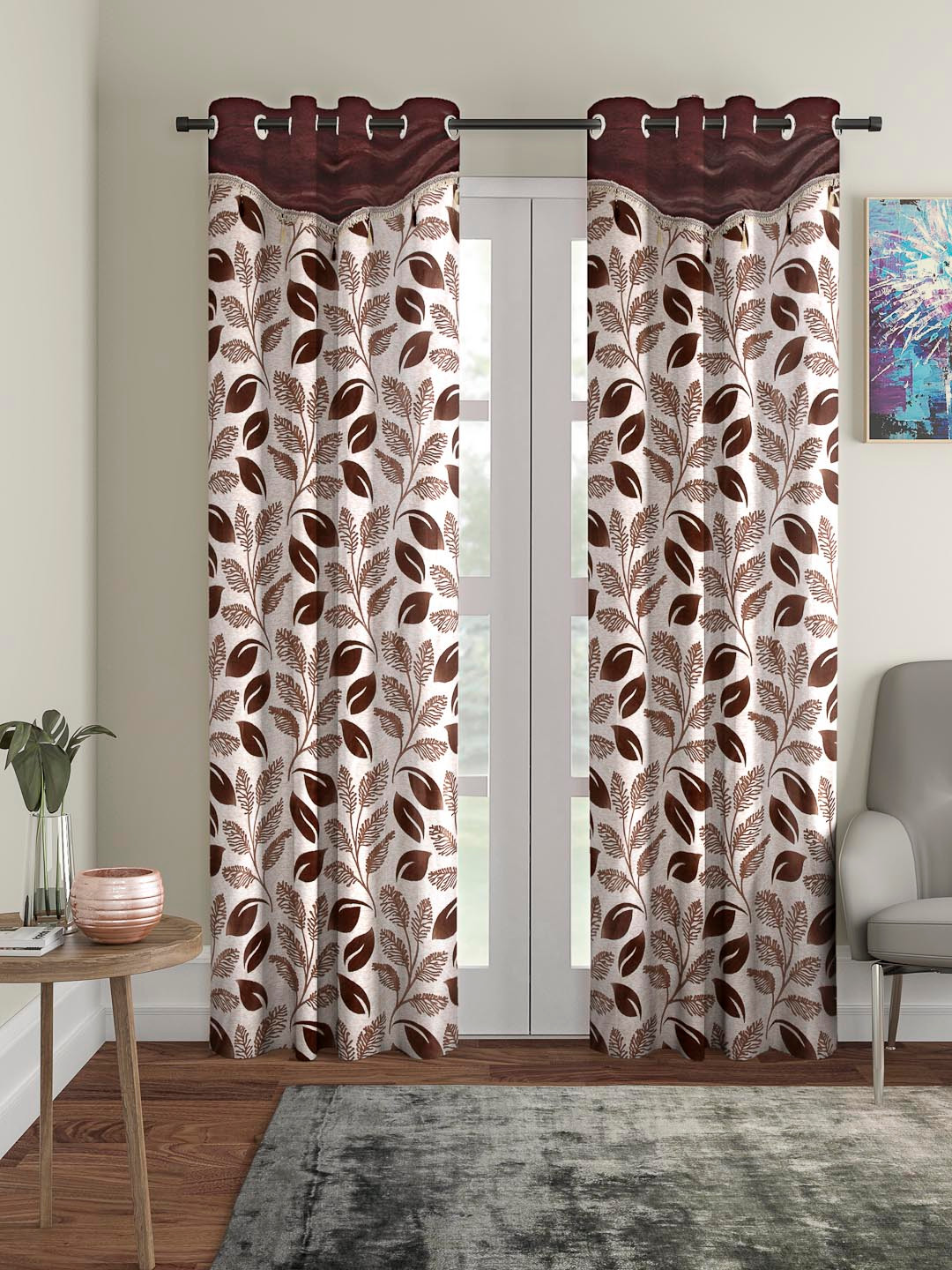 Cortina Brown & Beige Set of 2 Fancy Valance Floral Printed Long Door Curtains