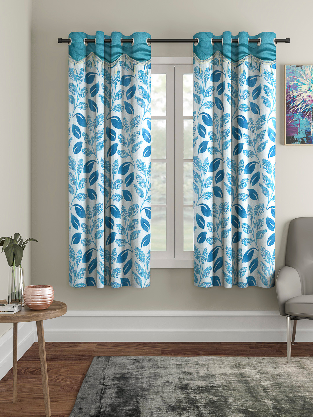 Cortina Blue & White Set of 2 Fancy Valance Floral Printed Window Curtains