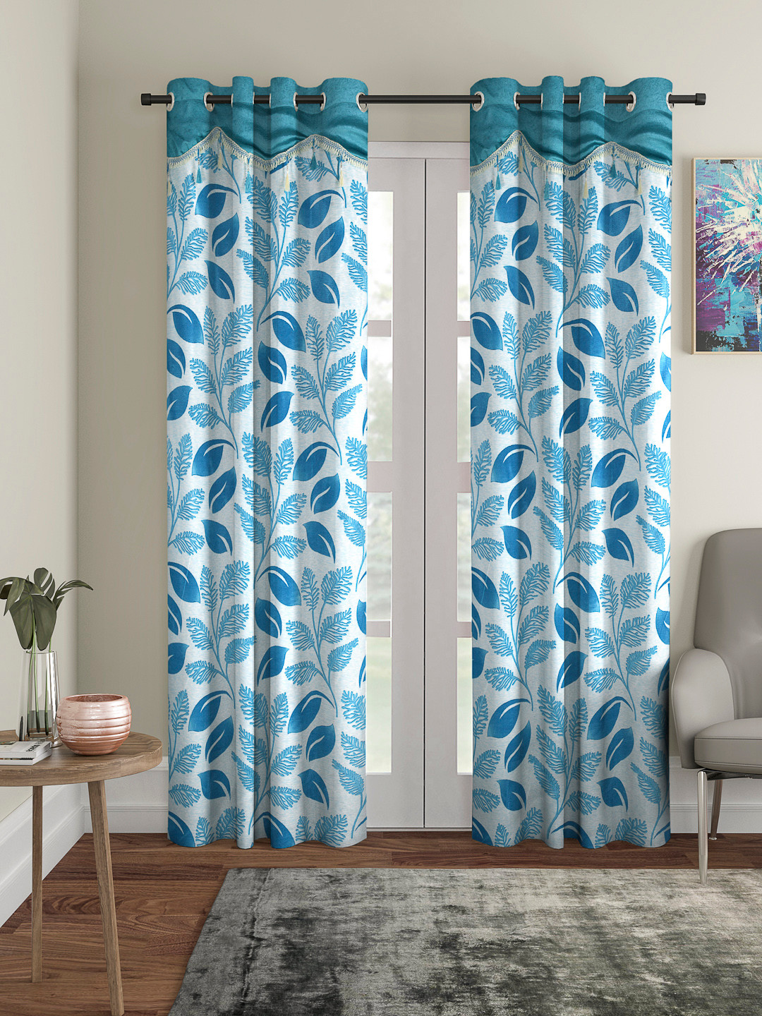Cortina Blue & White Set of 2 Fancy Valance Floral Printed Long Door Curtains