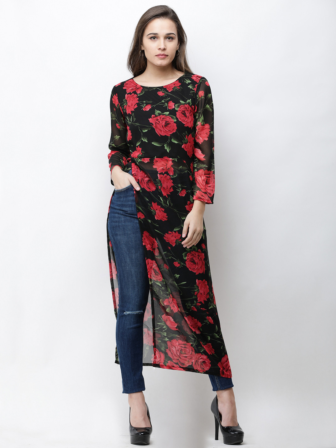 Cation Women Black & Red Floral Printed Maxi Tunic