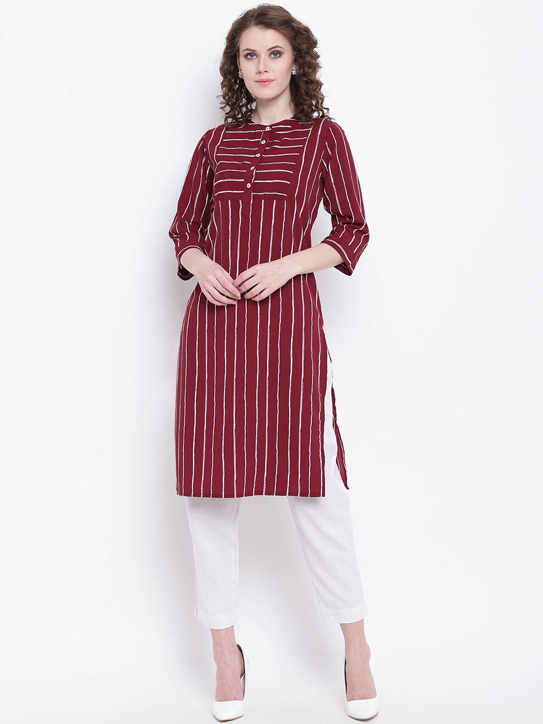 Napra Women Maroon & White Striped Straight Kurta