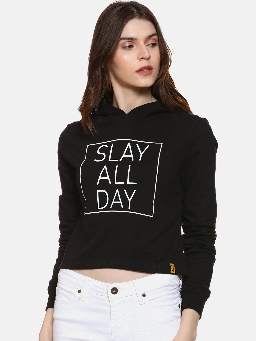 Campus Sutra Women Black Printed Hooded Sweatshirt