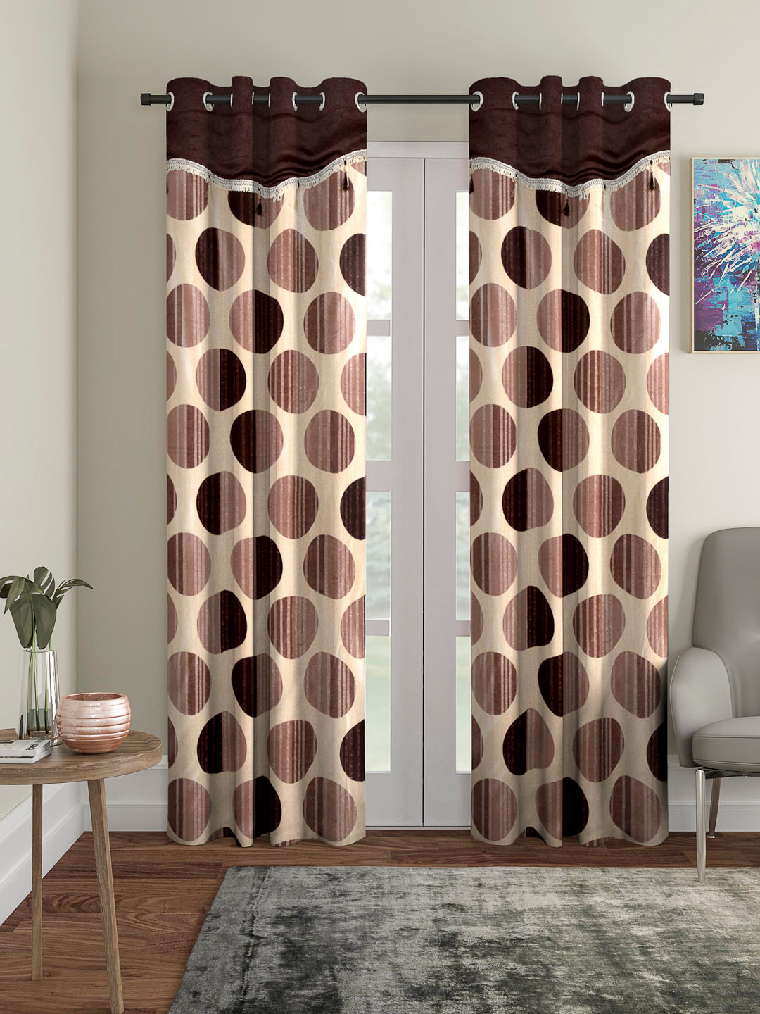 Cortina Brown & Beige Set of 2 Fancy Valance Polka Printed Door Curtains