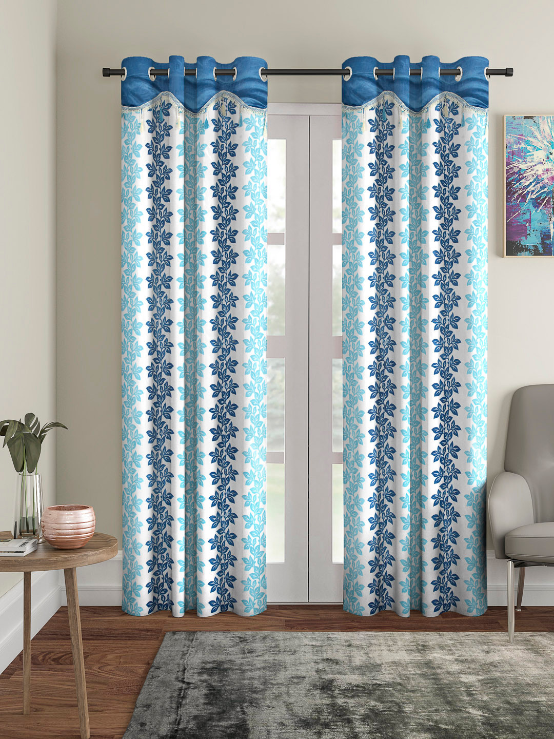 Cortina White & Blue Set of 2 Fancy Valance Floral Printed Long Door Curtains