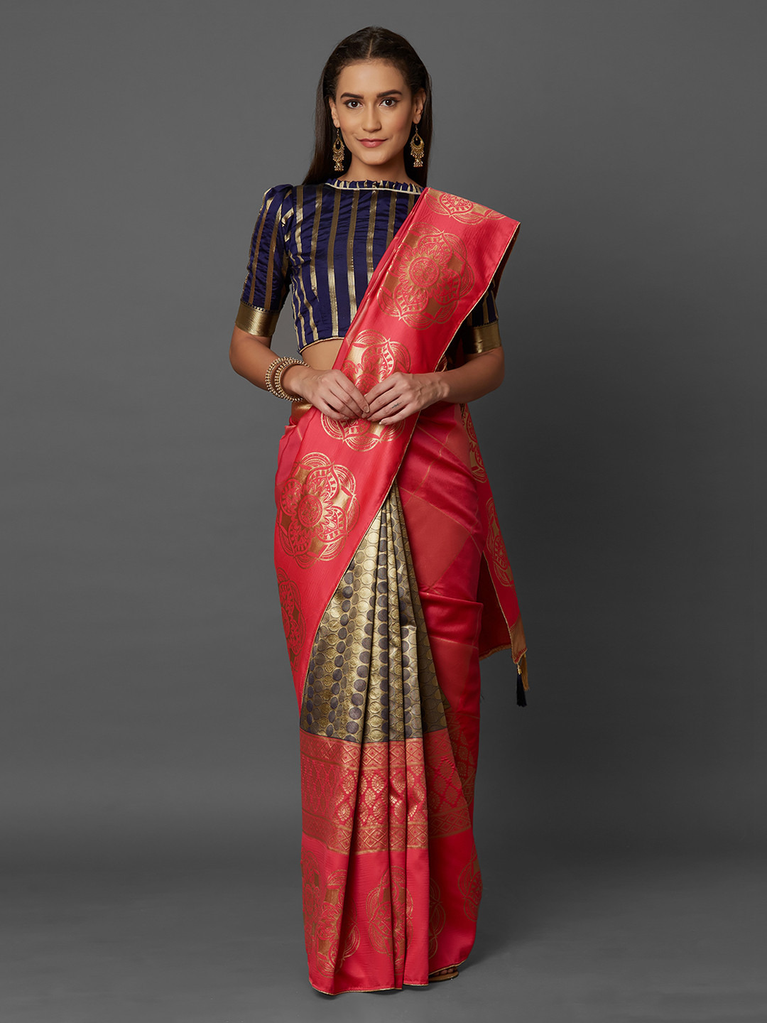 Mitera Pink & Navy Blue Silk Blend Woven Design Kanjeevaram Saree