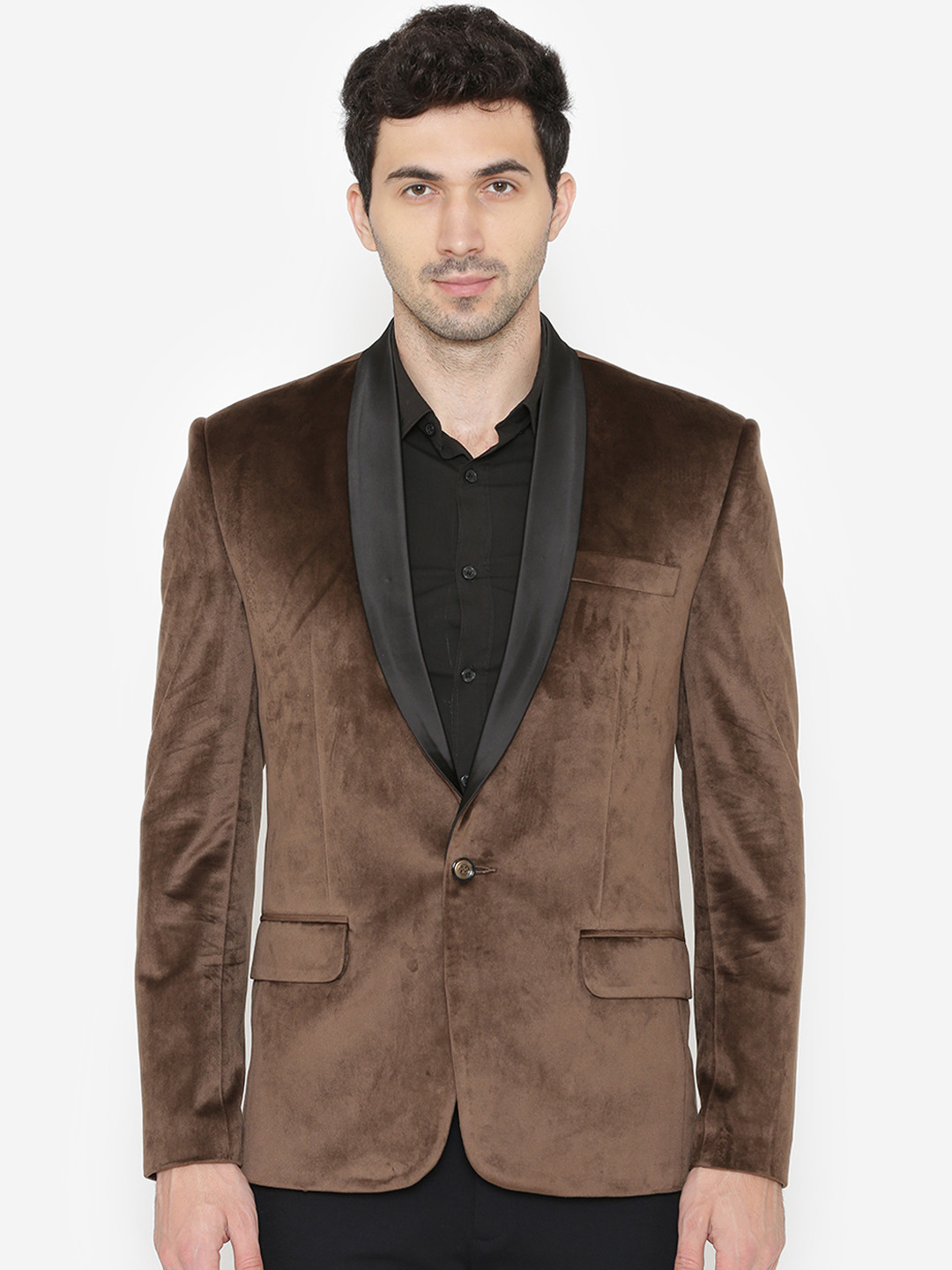 Wintage Men Brown Solid Regular Fit Velvet Tuxedo Blazer
