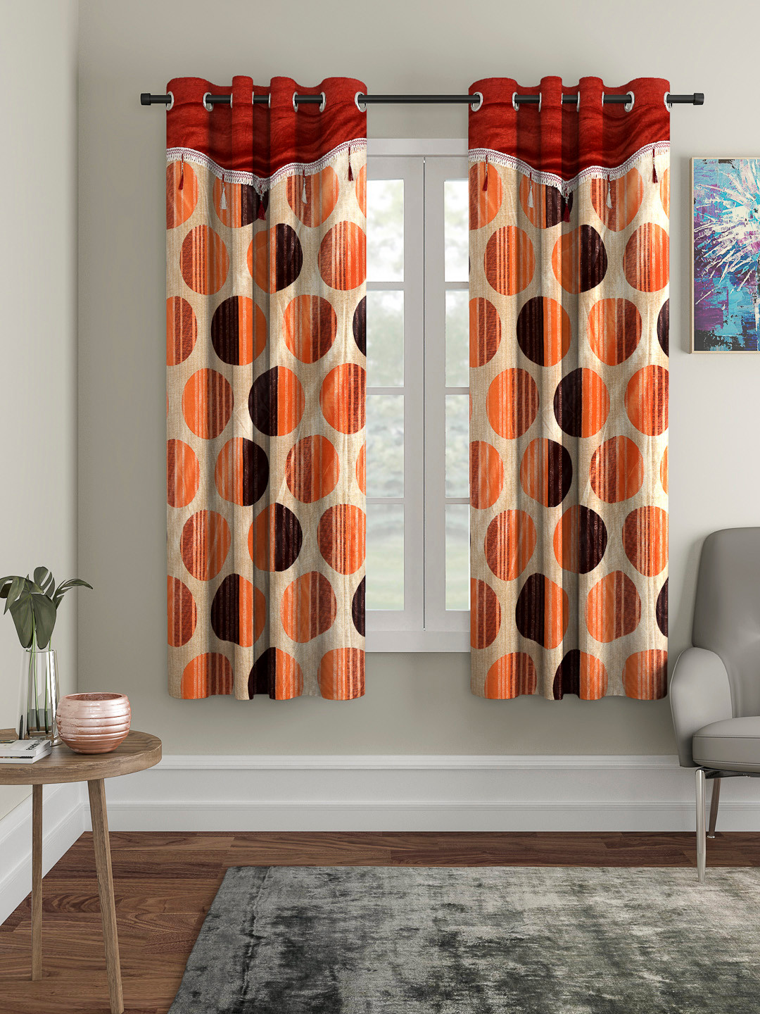 Cortina Orange & Beige Set of 2 Fancy Valance Polka Printed Window Curtains