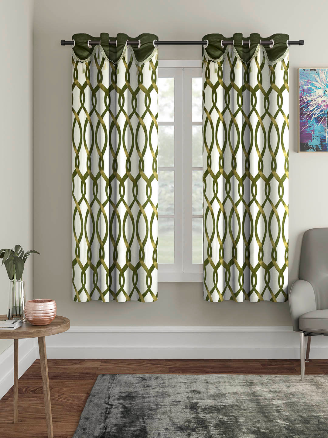 Cortina Olive green & White Set of 2 Fancy Valance Abstract Printed Window Curtains