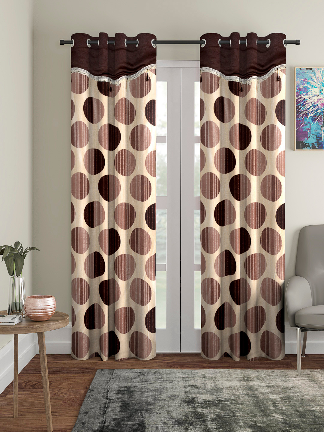Cortina Set of 2 Brown & Beige Fancy Valance Polka Printed Long Door Curtains
