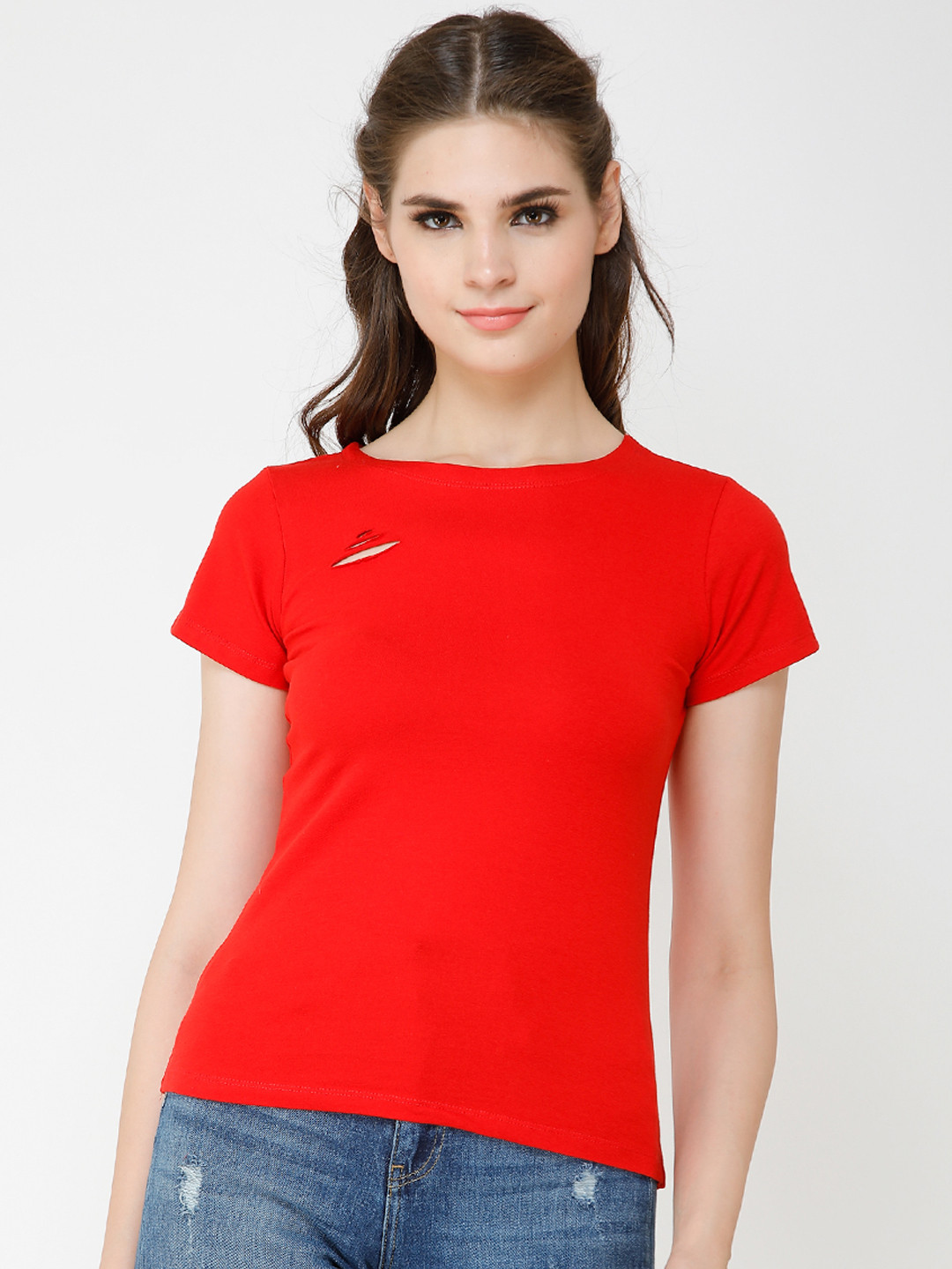 Cation Women Red Solid Pure Cotton Top