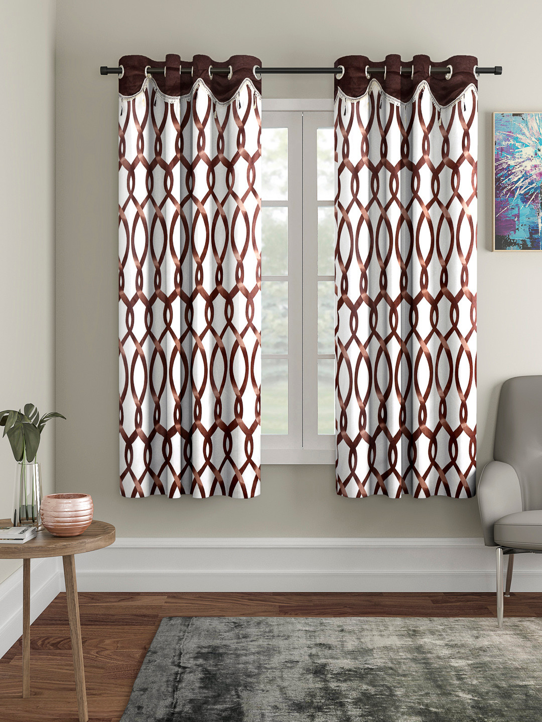 Cortina Brown & White Set of 2 Fancy Valance Abstract Printed Window Curtains