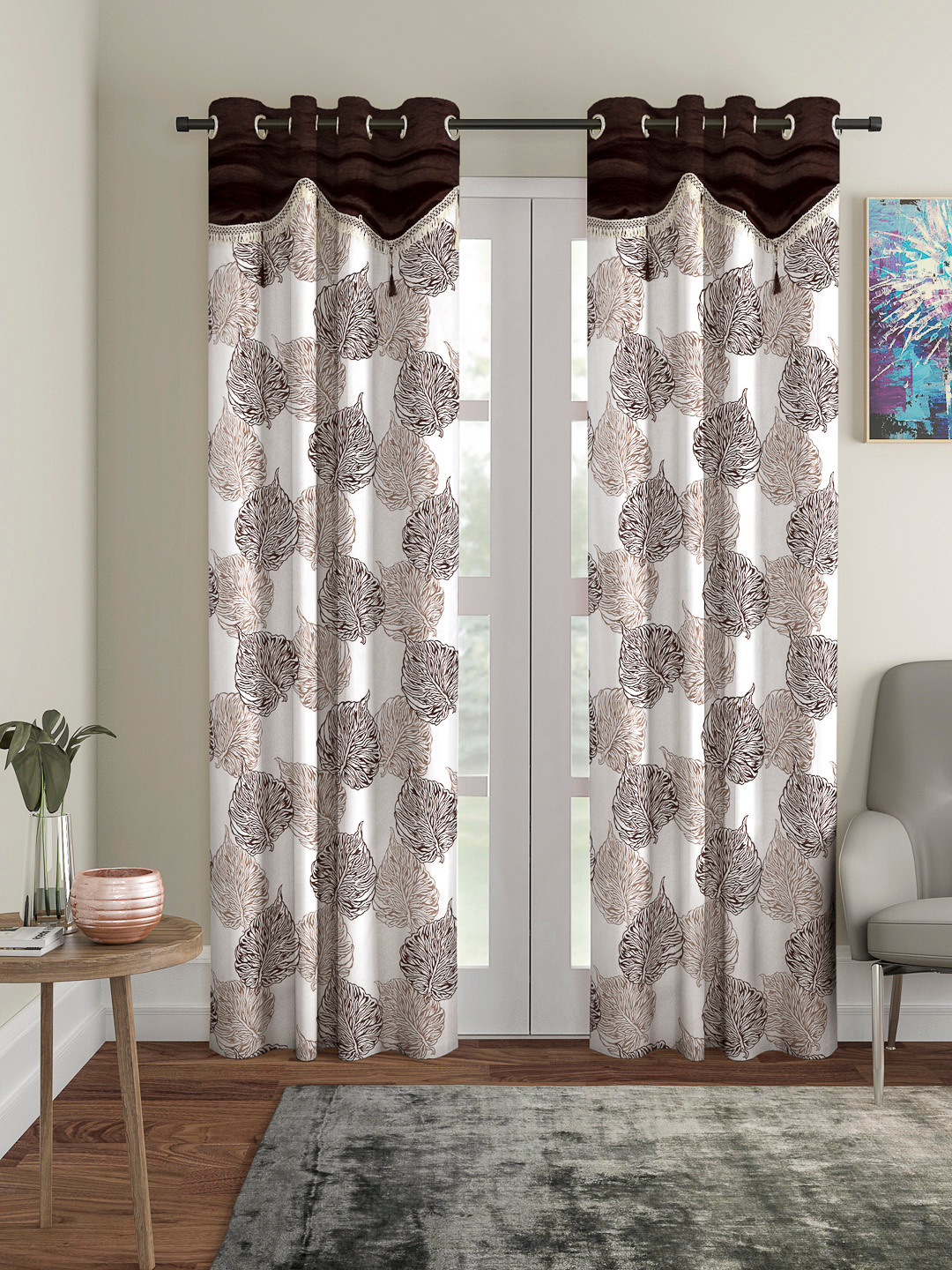 Cortina White & Brown Set of 2 Fancy Valance Leaf Printed Door Curtains