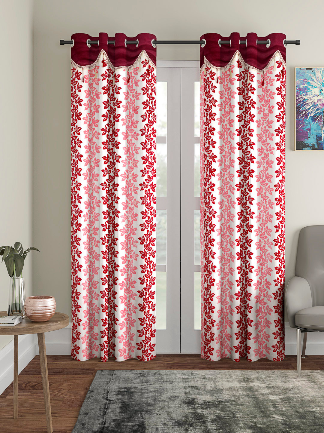 Cortina Maroon & White Set of 2 Fancy Valance Floral Printed Long Door Curtains