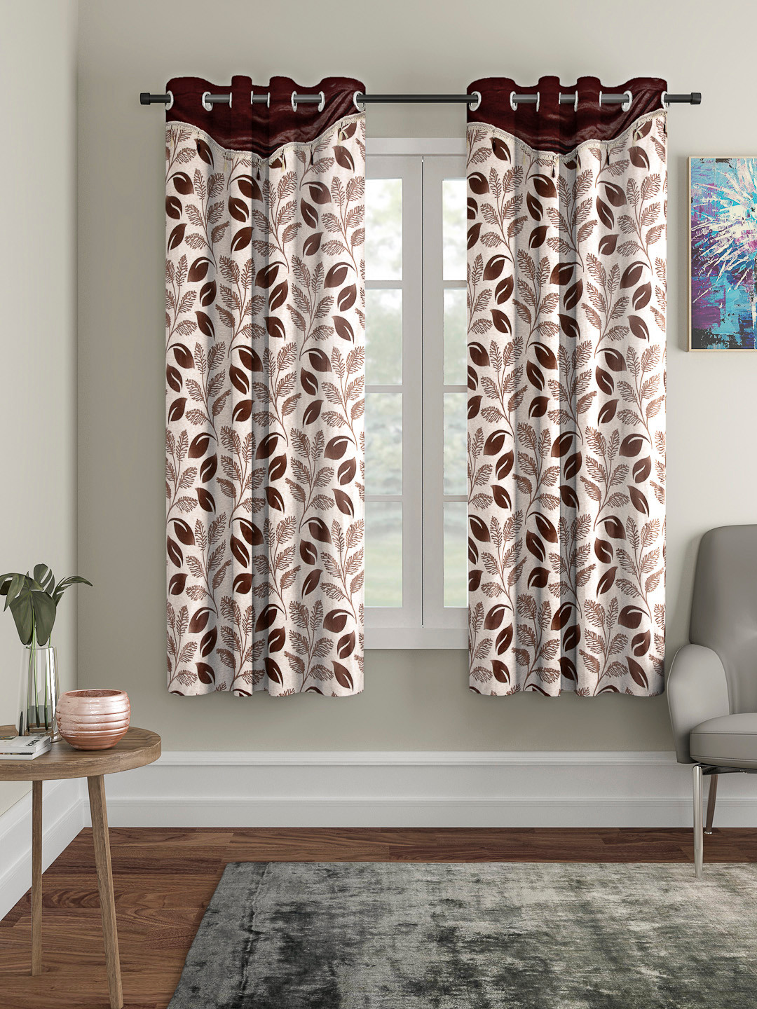 Cortina Brown & Beige Fancy Valance Floral Printed Window Curtains