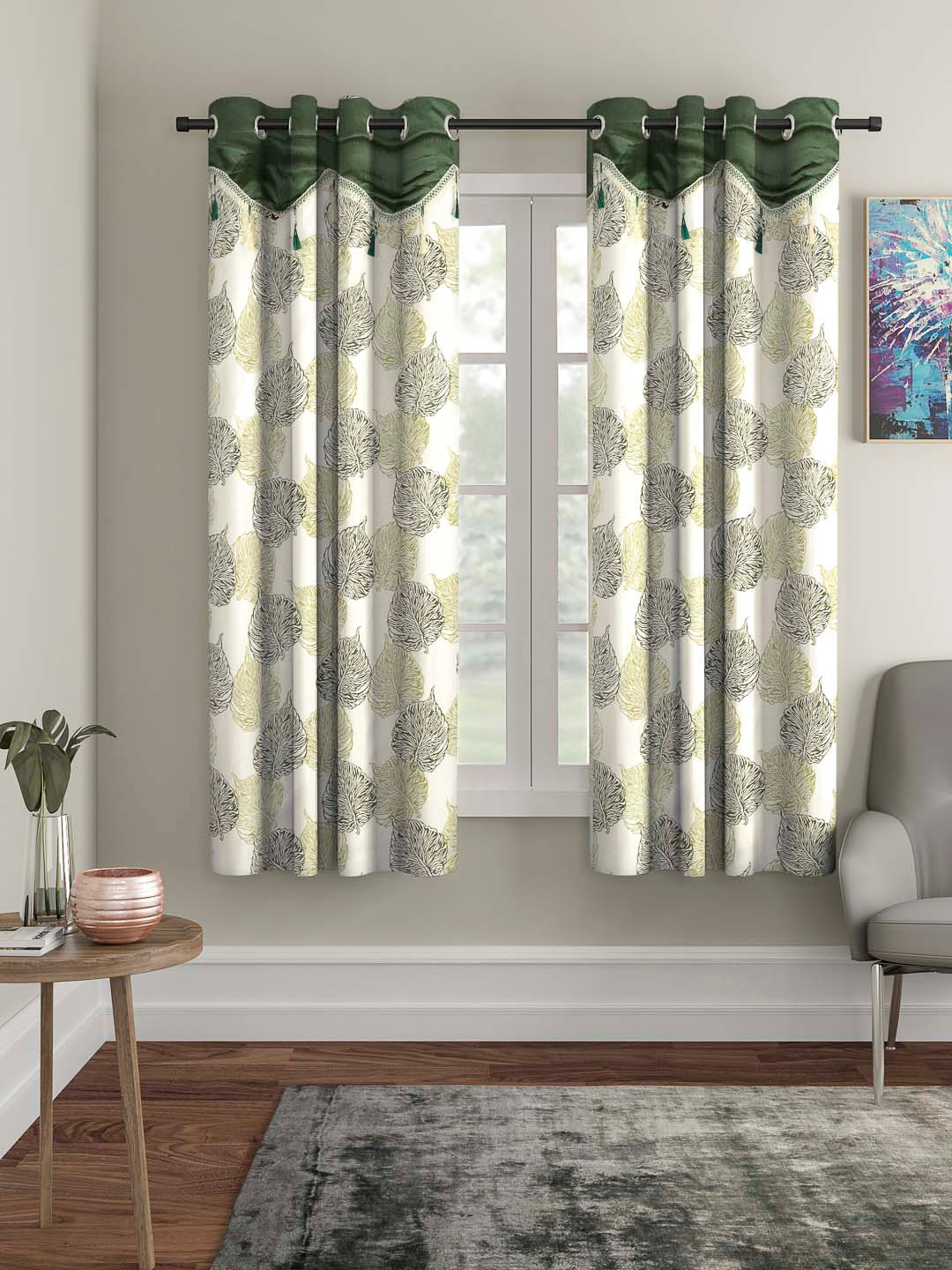 Cortina White & Green Set of 2 Fancy Valance Leaf Printed Window Curtains