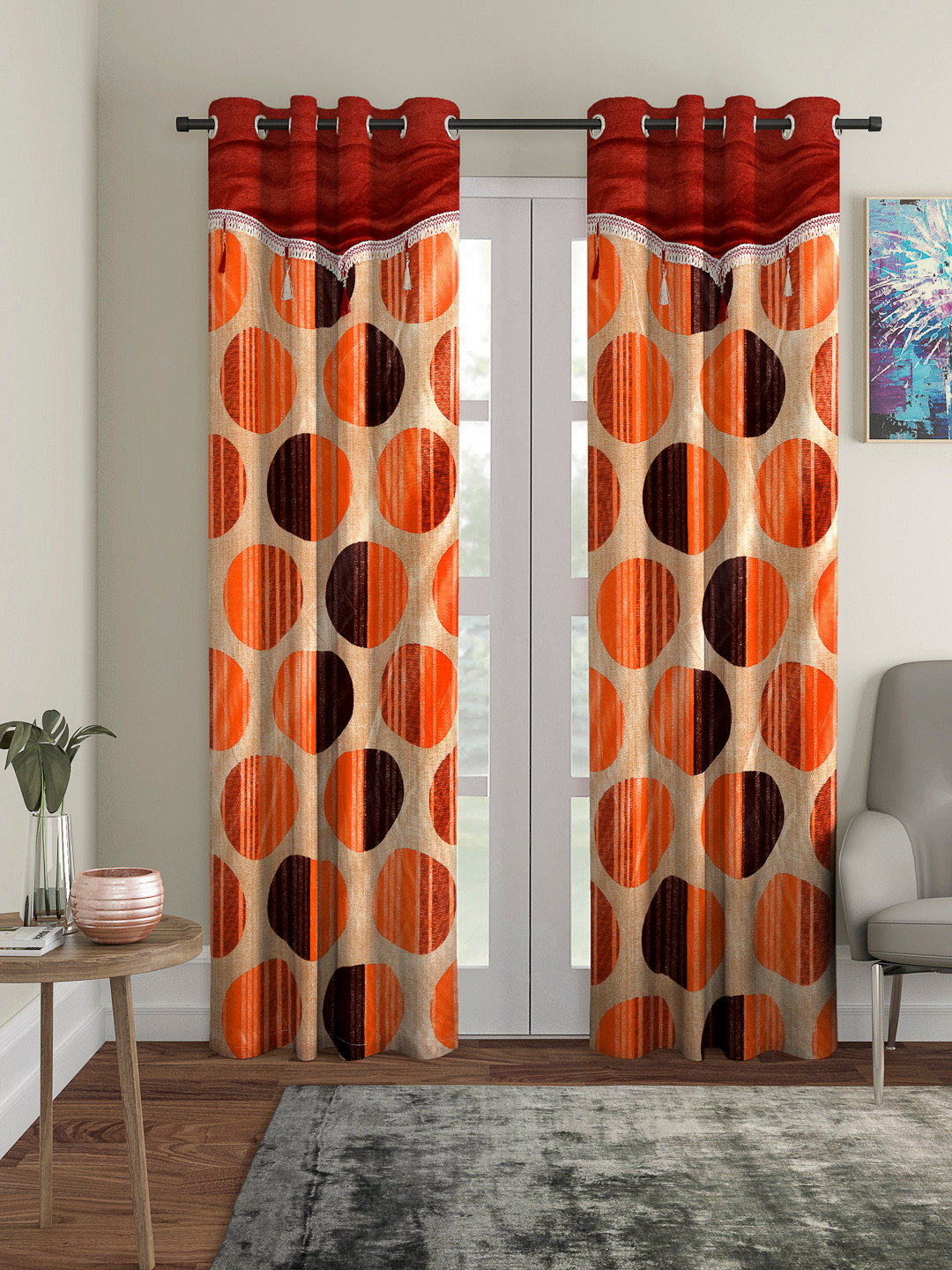 Cortina Orange & Beige Set of 2 Fancy Valance Polka Printed Long Door Curtains