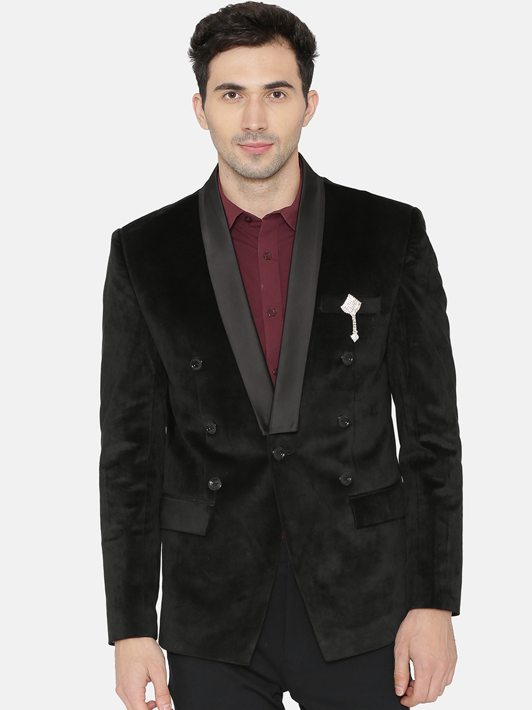 Wintage Men Black Solid Regular Fit Velvet Tuxedo Blazer