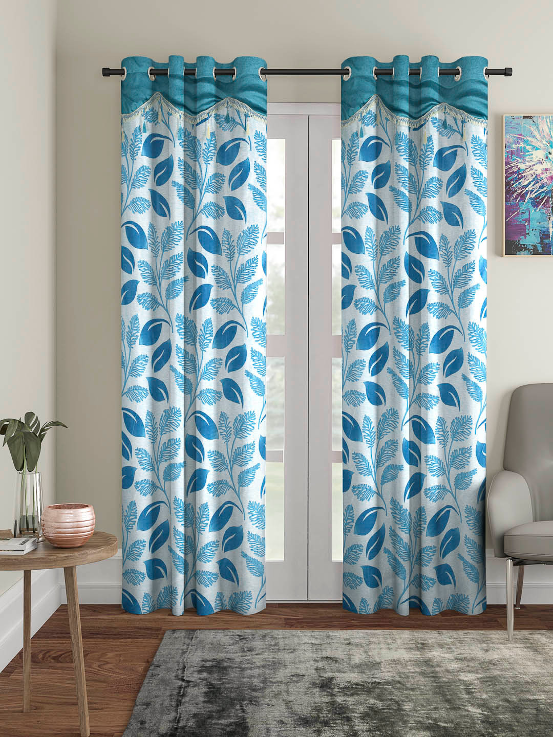 Cortina Blue & White Set of 2 Fancy Valance Floral Printed Door Curtains